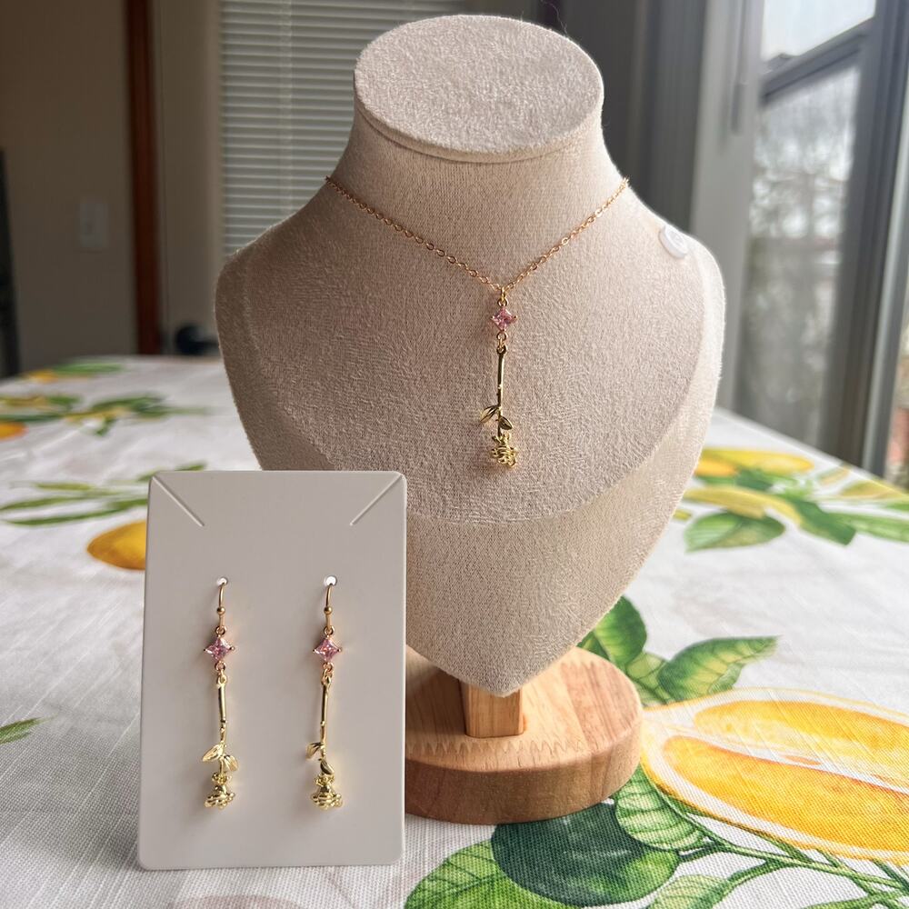 Novelty Rose Quartz Pink Glass Rose Dangle Spring Rose Casual Fun Jewelry Set